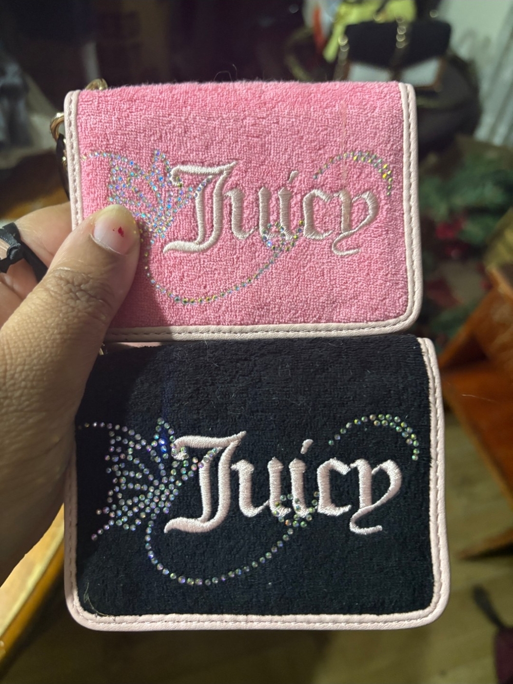 Juicy Couture Embroidered Rhinestone Mini Wallets - Pink & Black Set